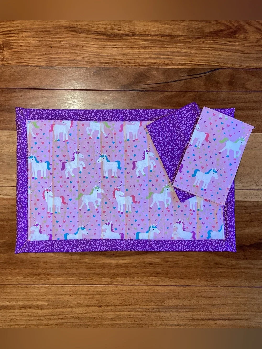 Kids Unicorn Placemat and Napkin Set - Pink and Purple